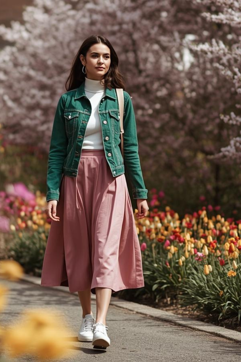 dámska rifľová bunda a áčková sukňa outfit